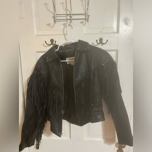 Vintage leather chia jacket, zip up, leather fringe,